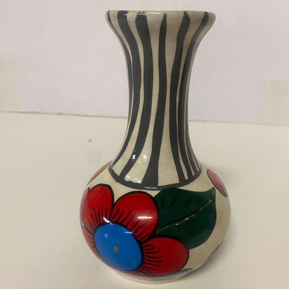 Floral Mexican Vintage Bud Vase, Signed VR on Bottom.